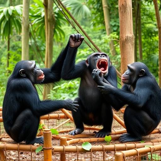 A group of chimpanzees playing in the Kibale National Park forest, showcasing their playful behavior