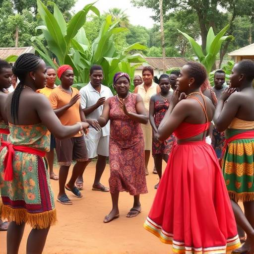 A group of tourists participating in a cultural dance with local Ugandan community members.