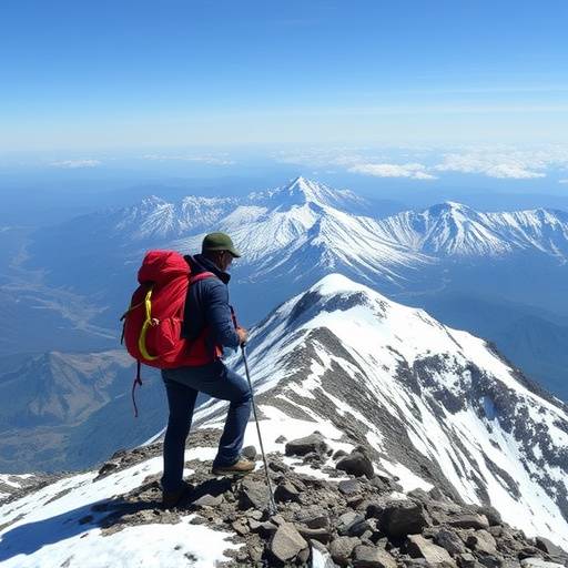 A hiker reaching the summit of the Rwenzori Mountains, showcasing the snow-capped peaks.