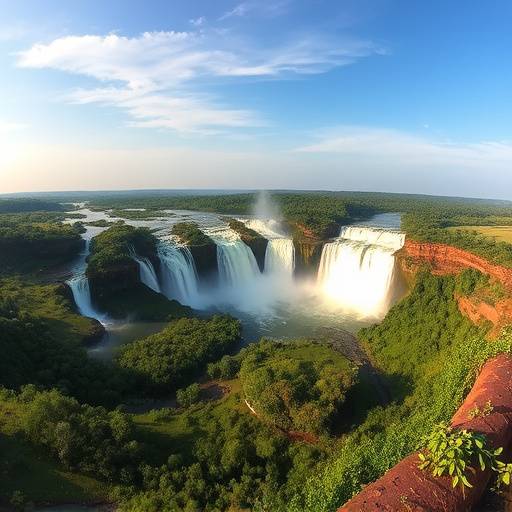 A panoramic view of the Murchison Falls National Park in Uganda, showcasing the powerful waterfall and surrounding lush landscape.