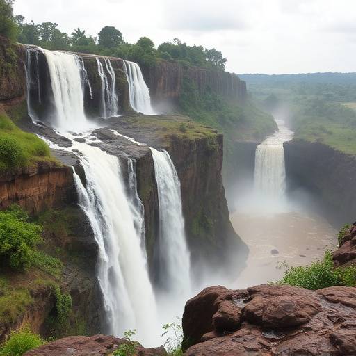 A scenic view of the Murchison Falls, with water cascading down a cliff