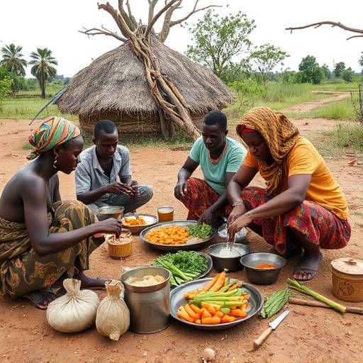 A Ugandan family preparing a meal outdoors, representing the communal lifestyle and culinary traditions of the country