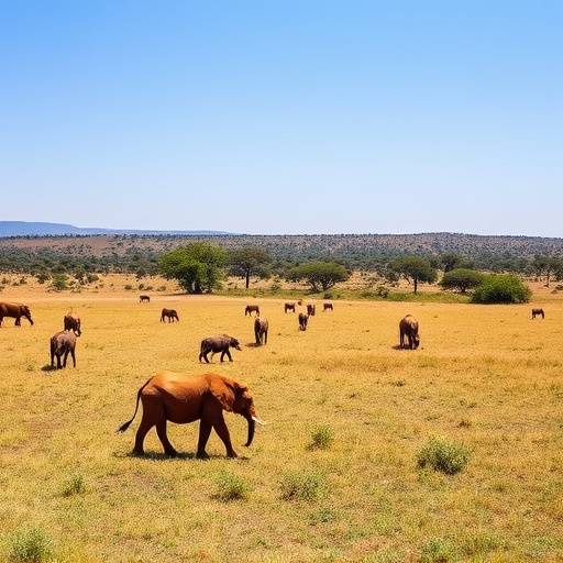 A wide view of Queen Elizabeth National Park, showcasing diverse landscapes with animals grazing