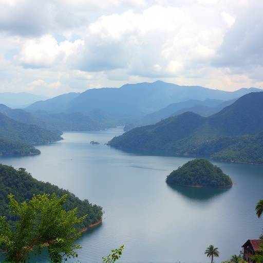 Lake Bunyonyi surrounded by terraced hillsides and small islands