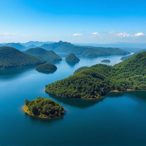 Lake Bunyonyi with its green islands and surrounding hills reflecting in the water