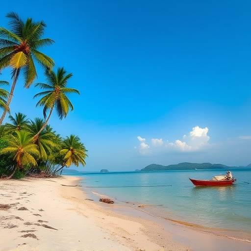 Ssese Islands beach with palm trees and a boat on the shore of Lake Victoria