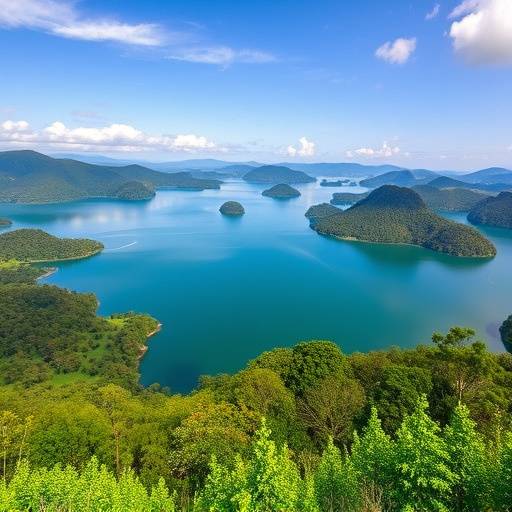 The stunning Lake Bunyonyi, known for its numerous small islands, surrounded by lush green hills, Uganda