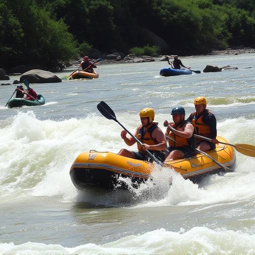Tourists rafting on the Nile River during an adventure excursion.