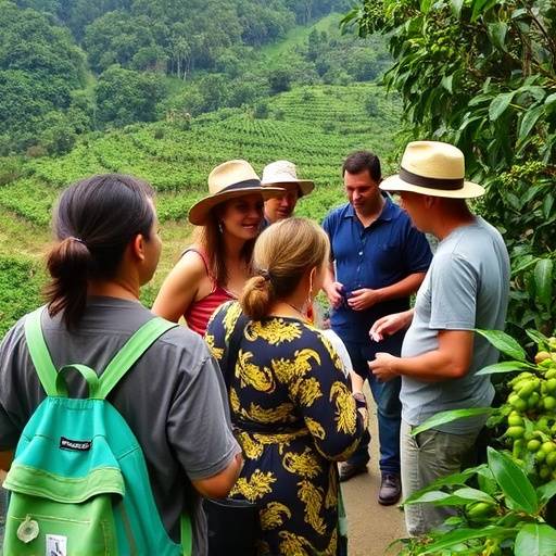 Tourists visiting a coffee plantation and learning about the coffee-making process from local farmers.